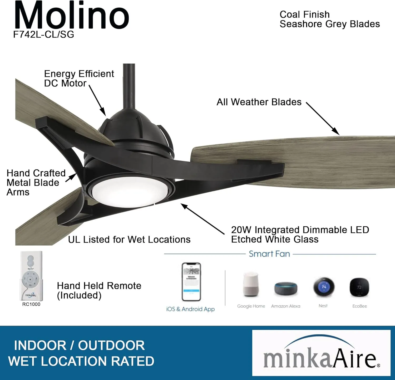 Minka-Aire F742L-CL/SG Molino 65" Ceiling Fan with LED Lights, Coal
