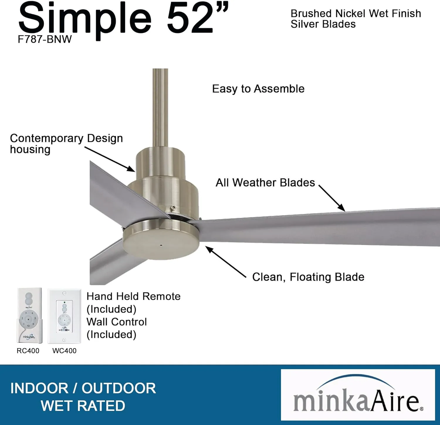 MINKA-AIRE F787-BNW, Simple 52" Ceiling Fan in Brushed Nickel Finish with Additional Wall Control