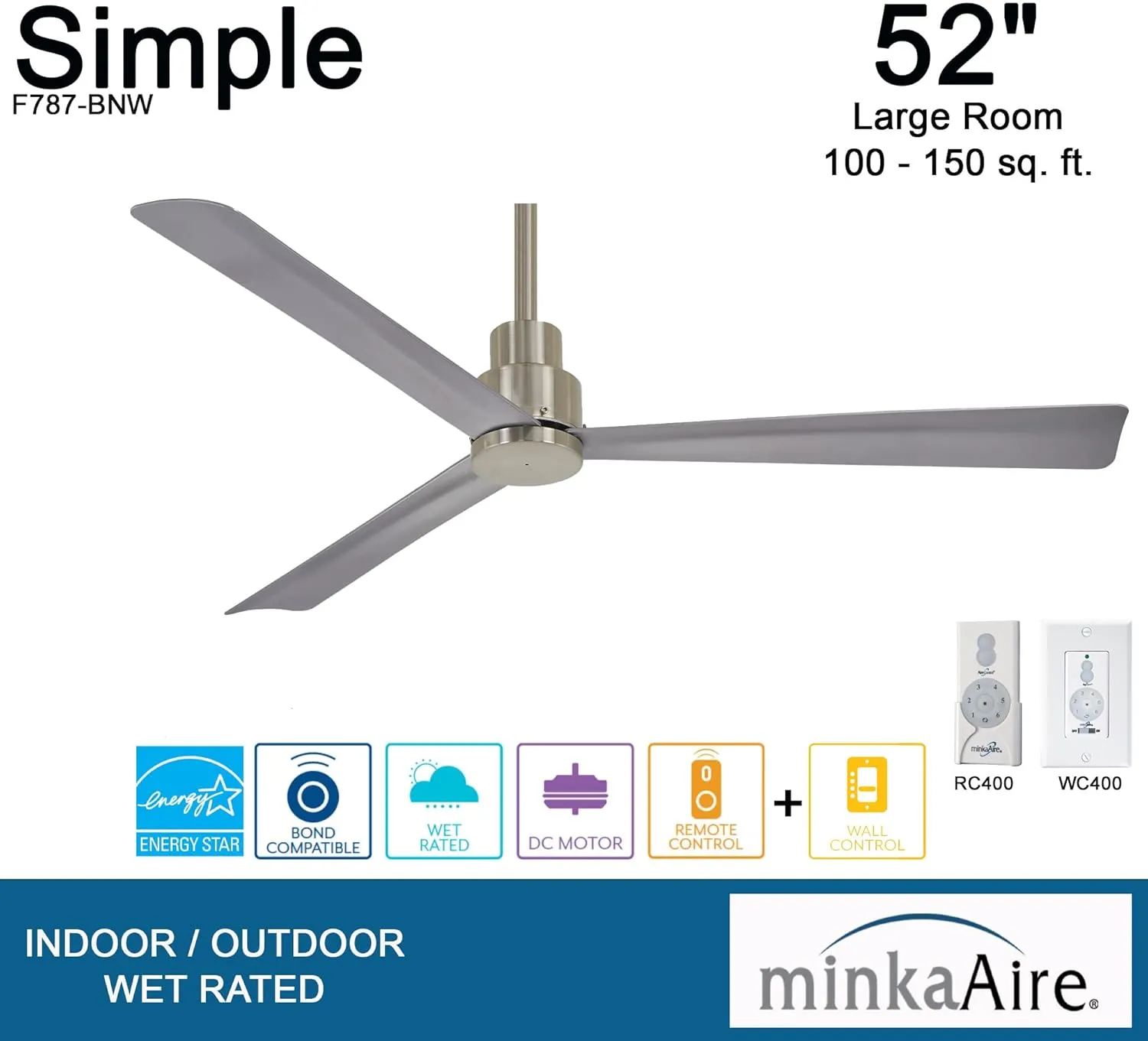MINKA-AIRE F787-BNW, Simple 52" Ceiling Fan in Brushed Nickel Finish with Additional Wall Control