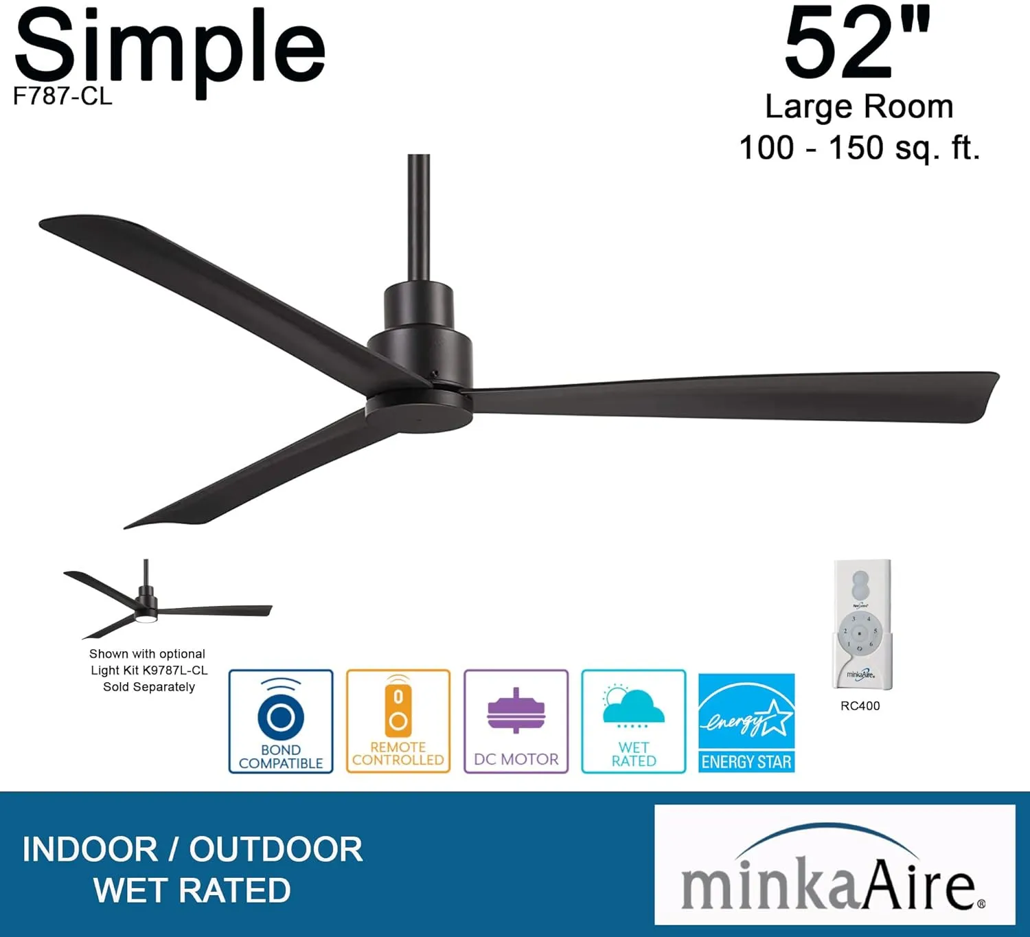 MINKA-AIRE F787-CL Simple 52 Inch Outdoor 3 Blade Ceiling Fan with DC Motor in Coal Finish