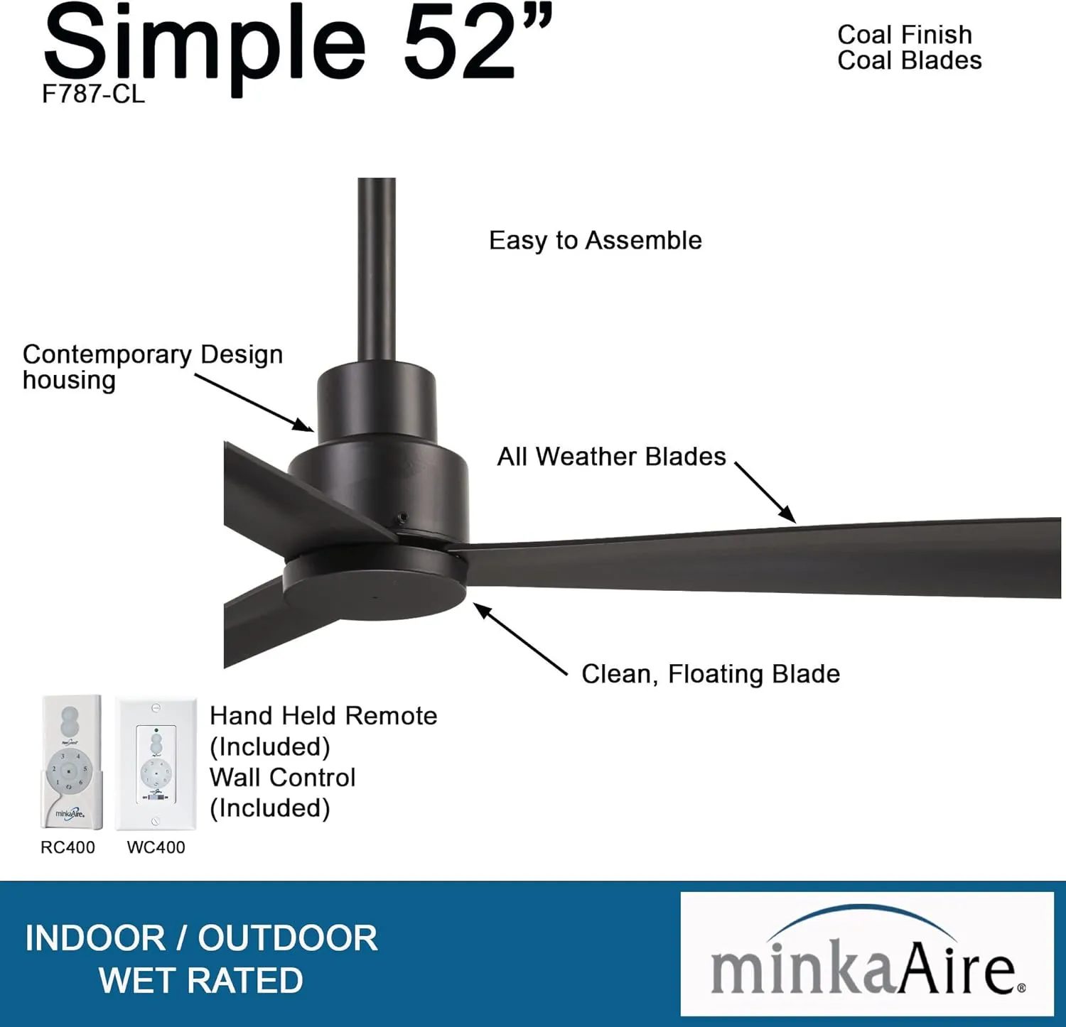 MINKA-AIRE F787-CL, Simple 52" Ceiling Fan in Coal Finish with Additional Wall Control