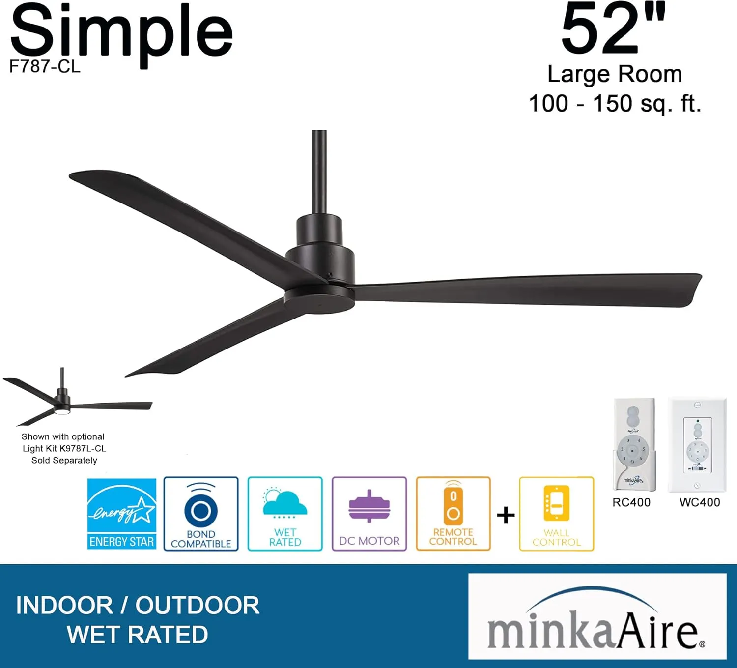 MINKA-AIRE F787-CL, Simple 52" Ceiling Fan in Coal Finish with Additional Wall Control
