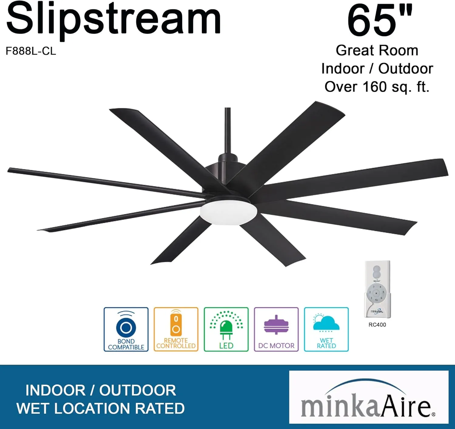 MINKA-AIRE F888L-CL Slipstream 65 Inch Outdoor Ceiling Fan with Dimmable LED Light and DC Motor in Coal Finish