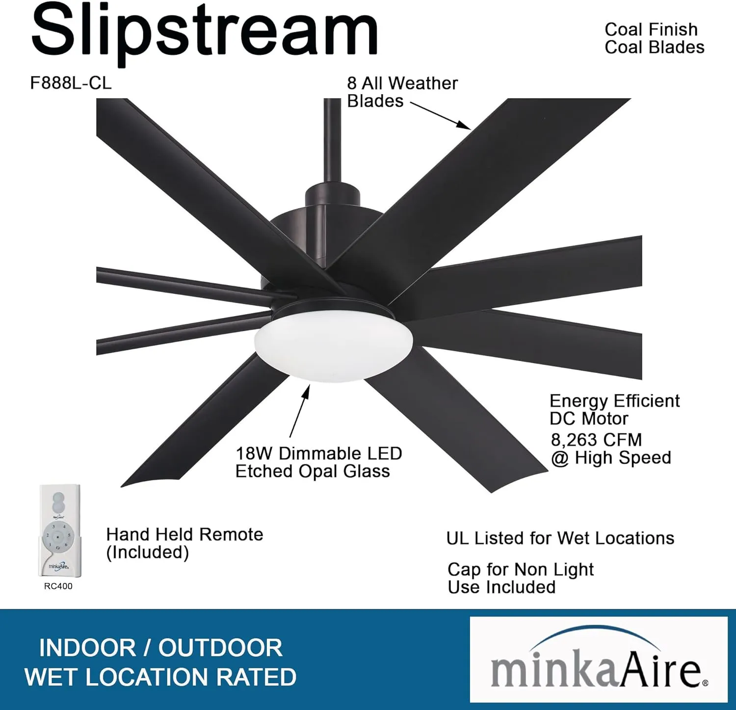 MINKA-AIRE F888L-CL Slipstream 65 Inch Outdoor Ceiling Fan with Dimmable LED Light and DC Motor in Coal Finish