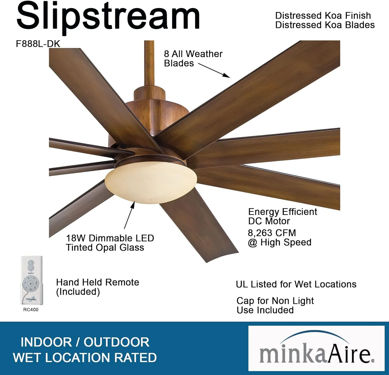 MINKA-AIRE F888L-DK Slipstream 65 Inch Outdoor Ceiling Fan with Dimmable LED Light and DC Motor in Distressed Koa Finish
