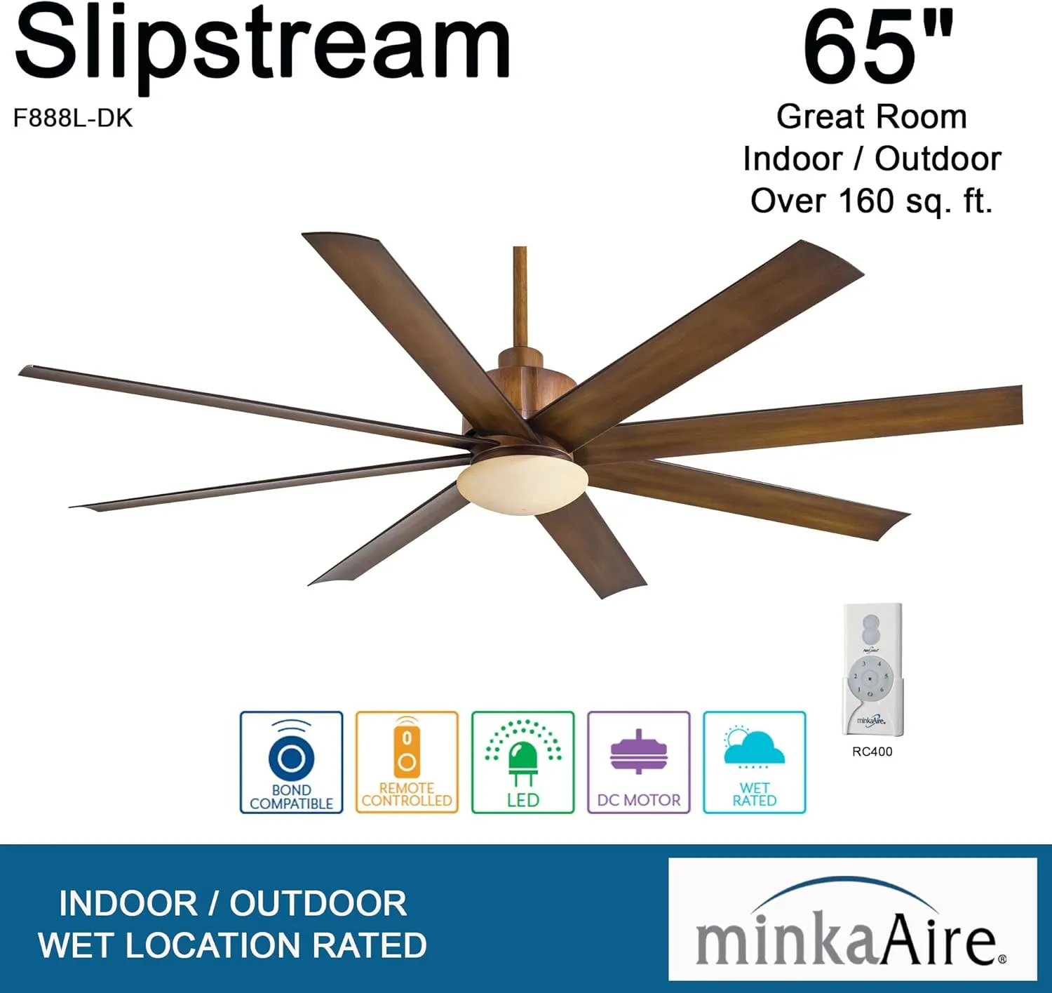 MINKA-AIRE F888L-DK Slipstream 65 Inch Outdoor Ceiling Fan with Dimmable LED Light and DC Motor in Distressed Koa Finish