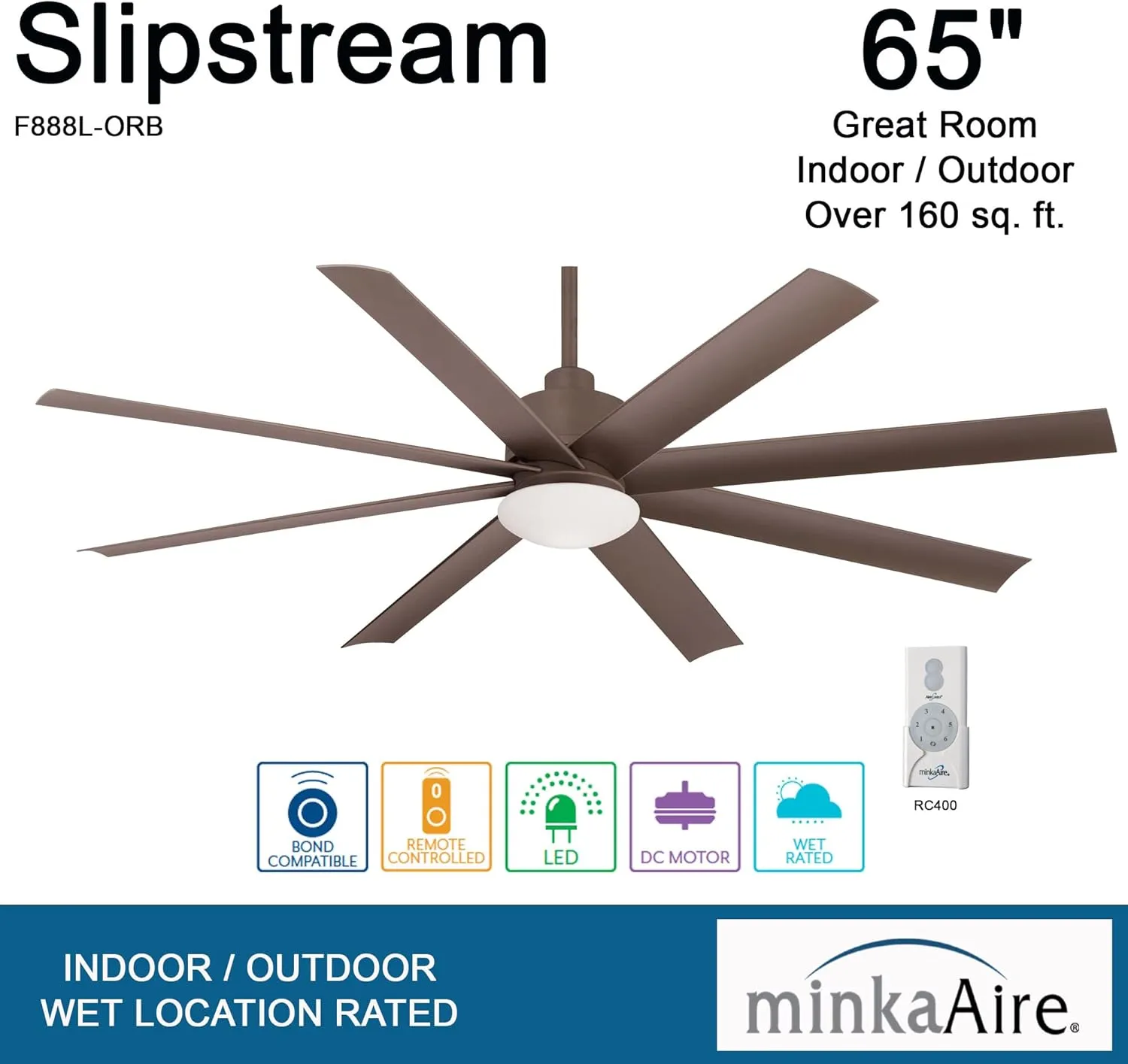 MINKA-AIRE F888L-ORB Slipstream 65 Inch Outdoor Ceiling Fan with Dimmable LED Light and DC Motor in Oil Rubbed Bronze Finish
