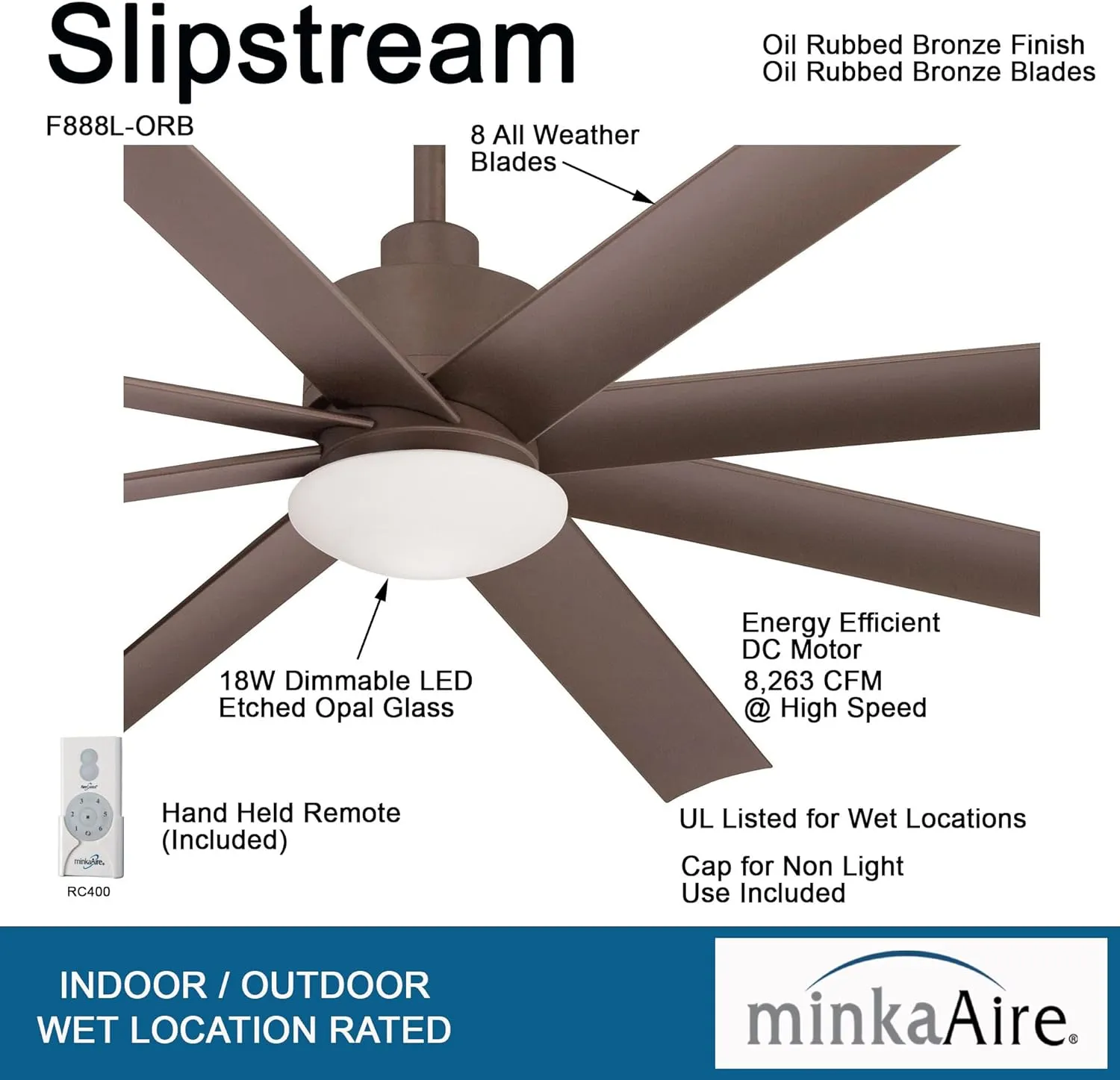 MINKA-AIRE F888L-ORB Slipstream 65 Inch Outdoor Ceiling Fan with Dimmable LED Light and DC Motor in Oil Rubbed Bronze Finish