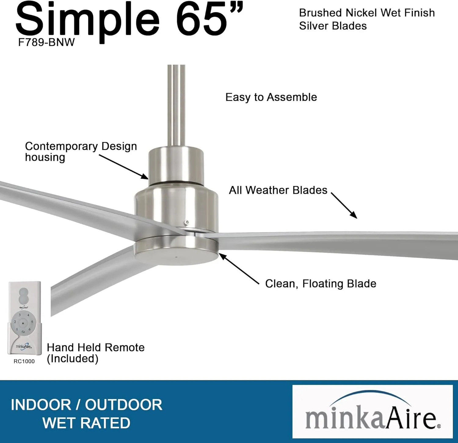 MINKA-AIRE Simple XL 65" Outdoor Ceiling Fan F789-BNW - Brushed Nickel Wet