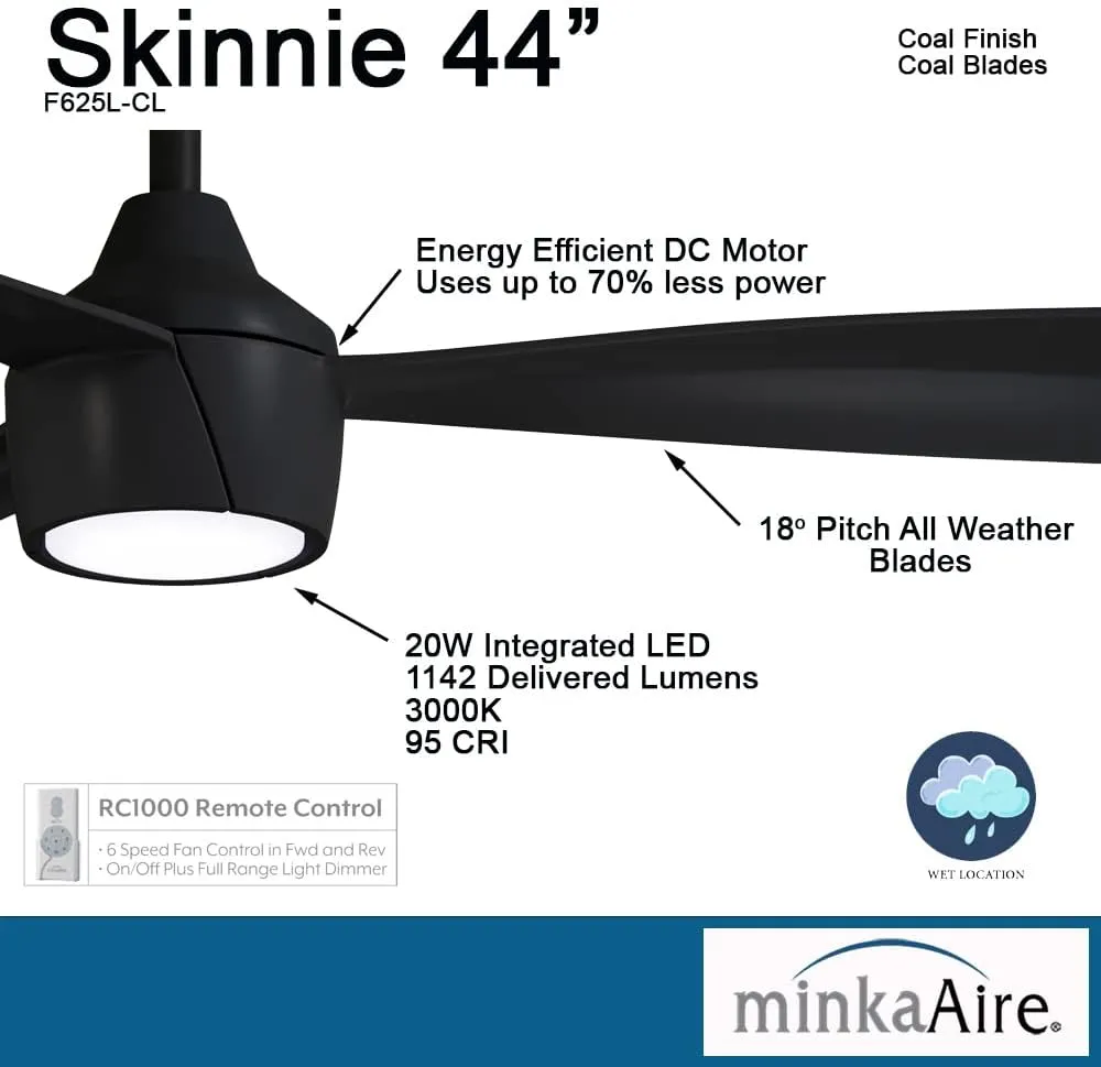 MINKA-AIRE Skinnie 44" Outdoor LED Ceiling Fan F625L-CL - Coal