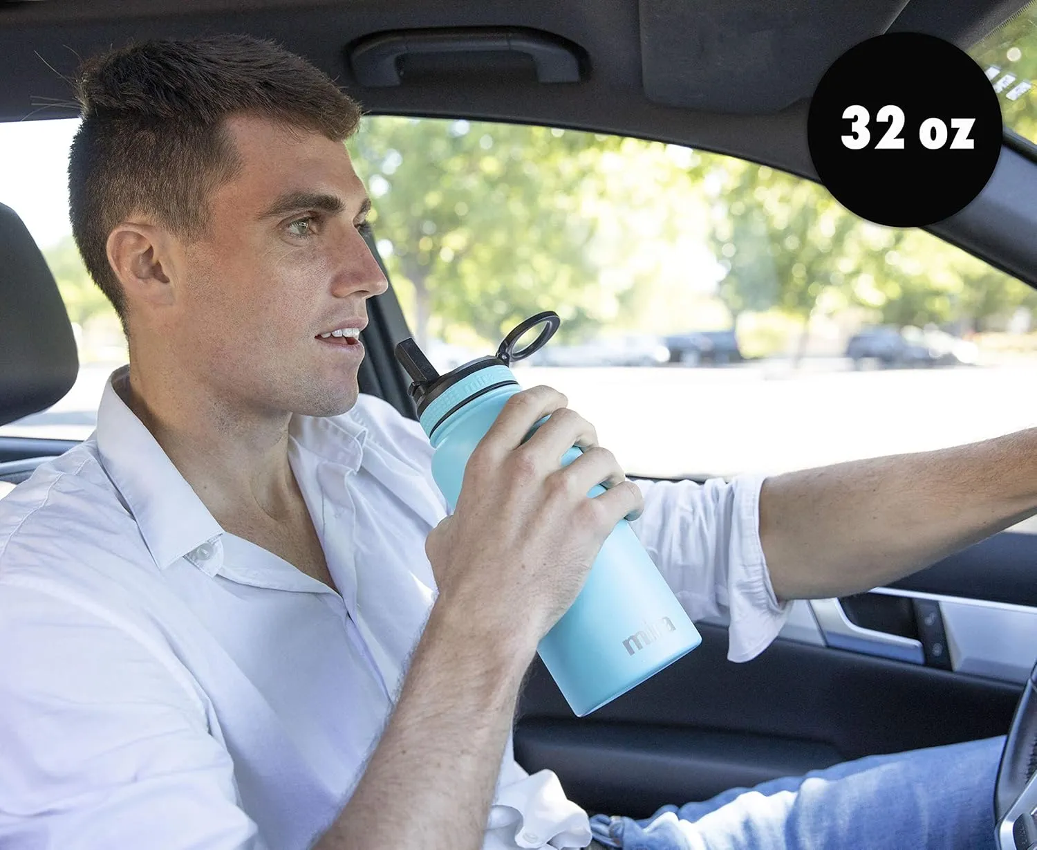 MIRA 32 oz Insulated Water Bottle - Stainless Steel Sports Flask with 2 Lids (Straw & Handle) - Cold Drink Thermos - Blue