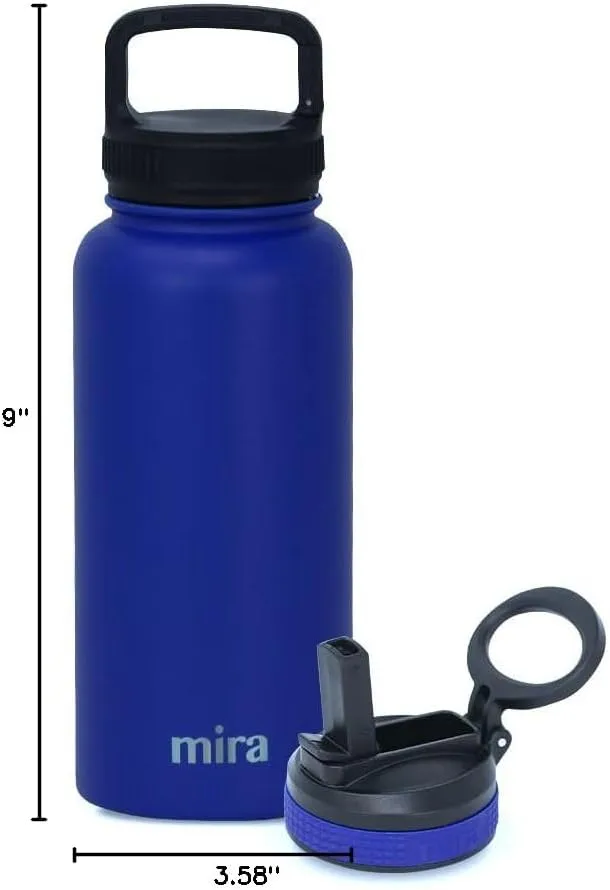 MIRA 32 oz Insulated Water Bottle - Stainless Steel Sports Flask with 2 Lids (Straw & Handle) - Cold Drink Thermos - Blue