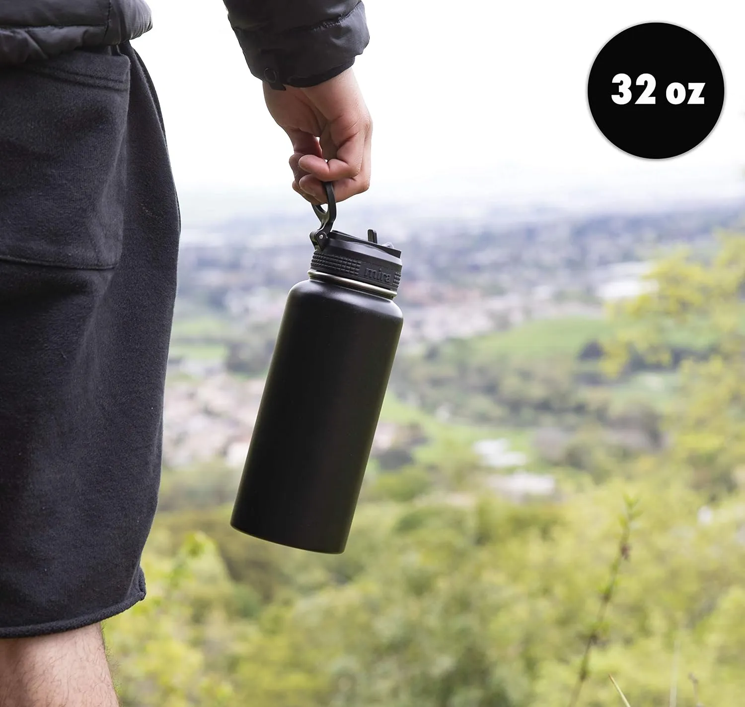 MIRA 32 oz Insulated Water Bottle - Stainless Steel Sports Flask with 2 Lids (Straw & Handle) - Cold Drink Thermos - Blue
