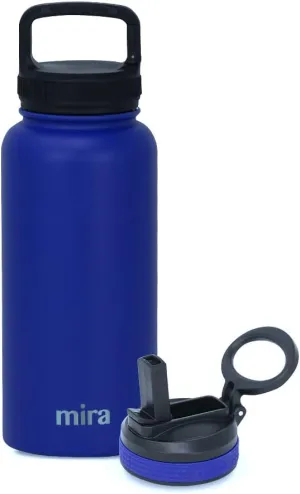 MIRA 32 oz Insulated Water Bottle - Stainless Steel Sports Flask with 2 Lids (Straw & Handle) - Cold Drink Thermos - Blue