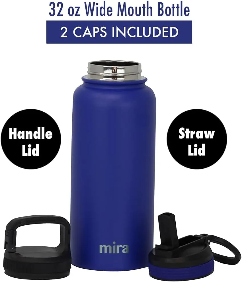 MIRA 32 oz Insulated Water Bottle - Stainless Steel Sports Flask with 2 Lids (Straw & Handle) - Cold Drink Thermos - Blue