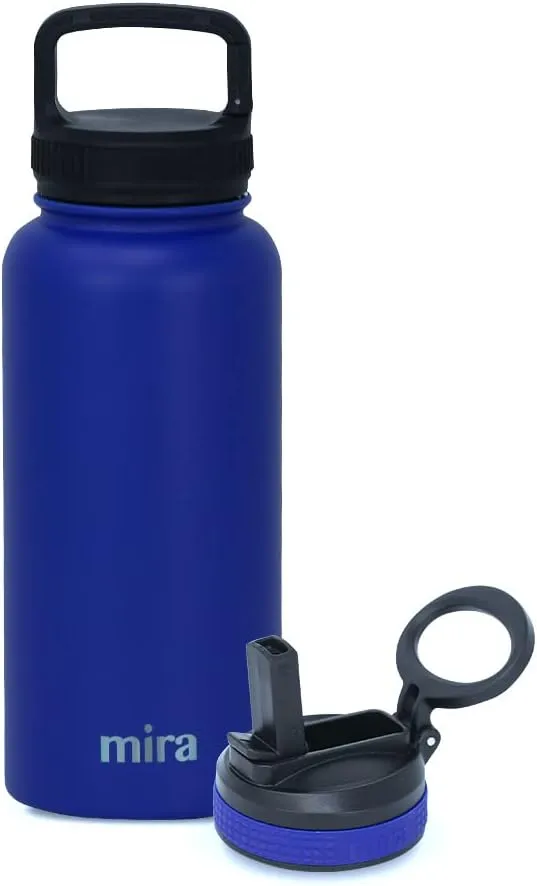MIRA 32 oz Insulated Water Bottle - Stainless Steel Sports Flask with 2 Lids (Straw & Handle) - Cold Drink Thermos - Blue