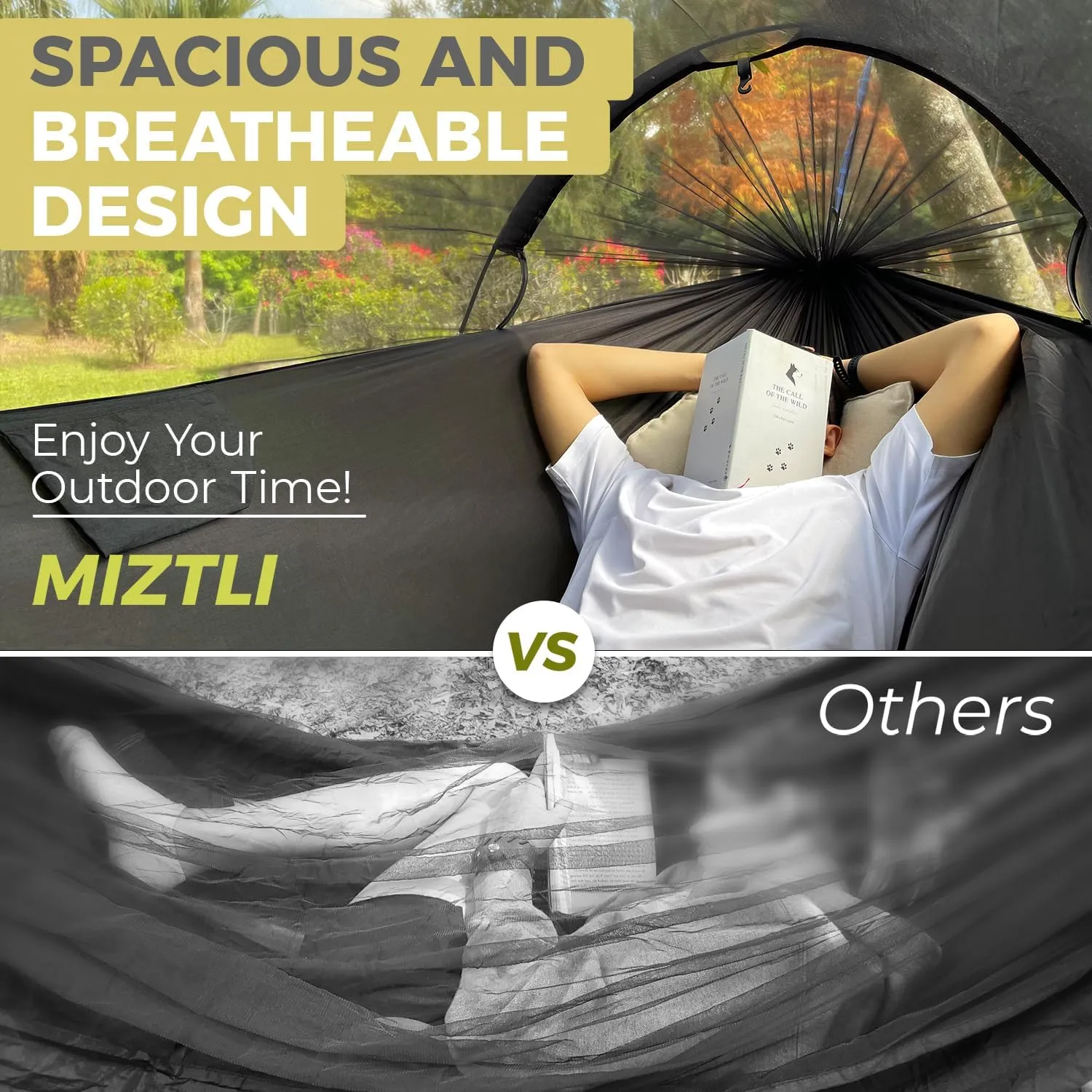 Miztli Camping Hammock -Portable Hammock w/Spacious Net & Tree Straps w/Adjutable Loops,Double and Single Hammock for Outdoor, Hiking, and Travel