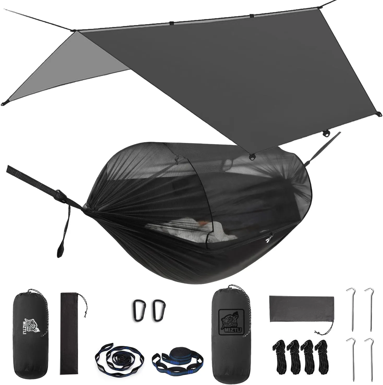 Miztli Camping Hammock -Portable Hammock w/Spacious Net & Tree Straps w/Adjutable Loops,Double and Single Hammock for Outdoor, Hiking, and Travel