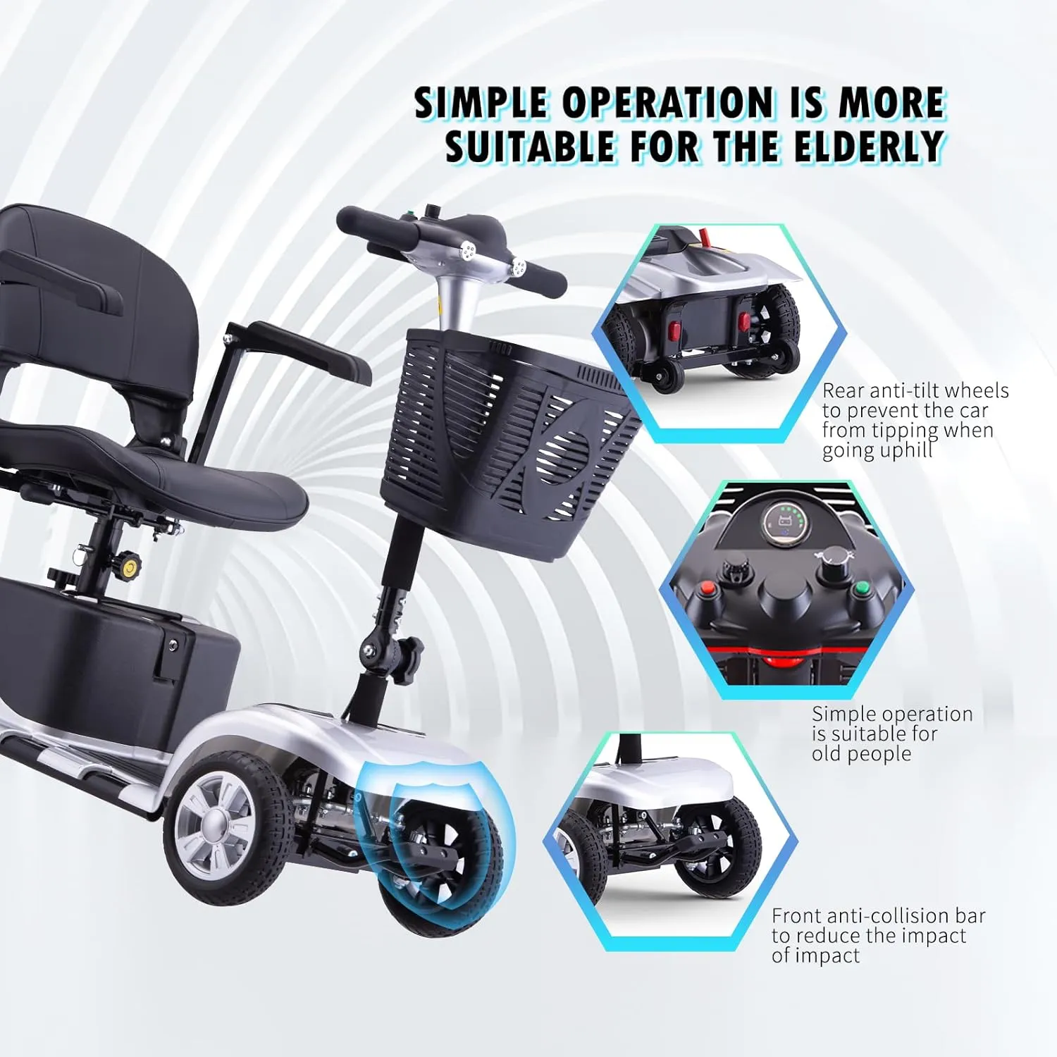 Mobility Scooter for Adults, Senior, Skmc 4 Wheels Electric Powered Chargeable Device for Travel, Lightweight and Portable, with LED Headlights and Basket, Charger Included, Red/Blue (Silver/Black)