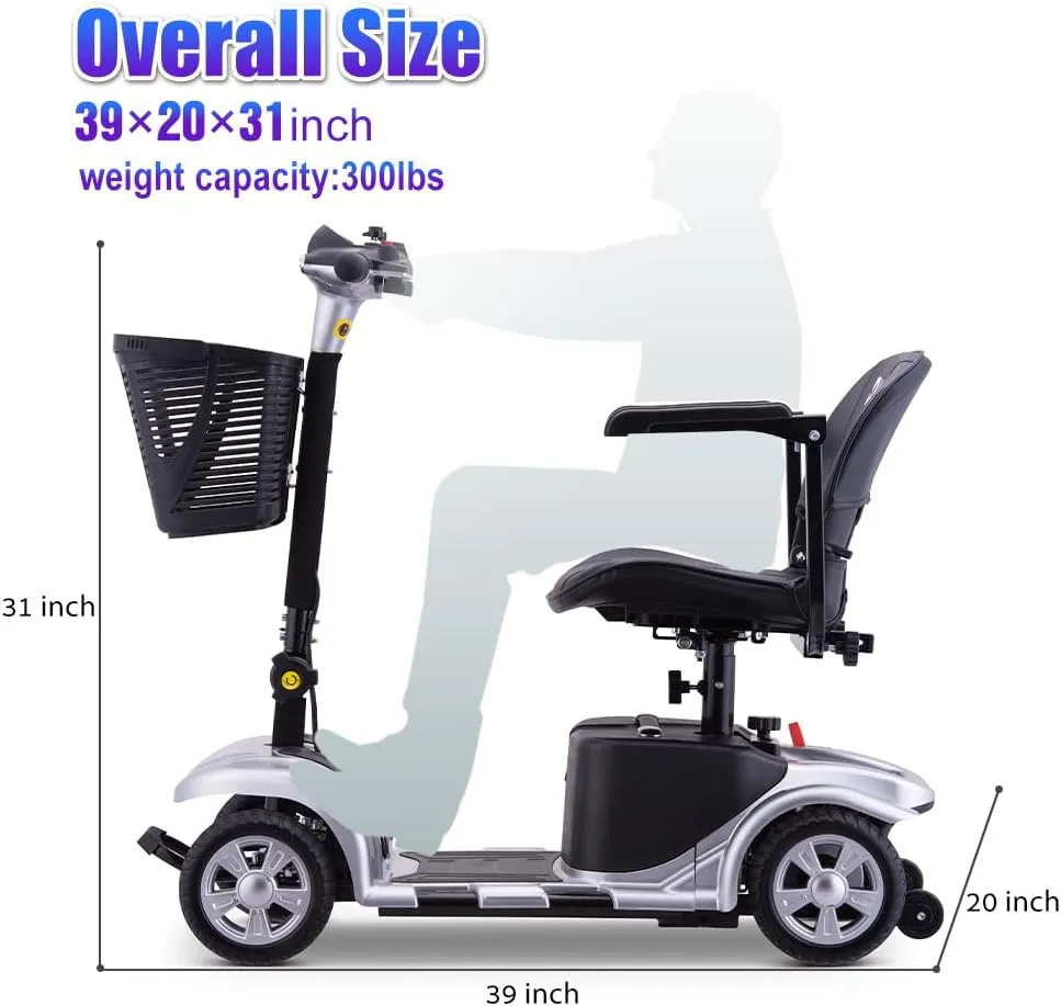 Mobility Scooter for Adults, Senior, Skmc 4 Wheels Electric Powered Chargeable Device for Travel, Lightweight and Portable, with LED Headlights and Basket, Charger Included, Red/Blue (Silver/Black)