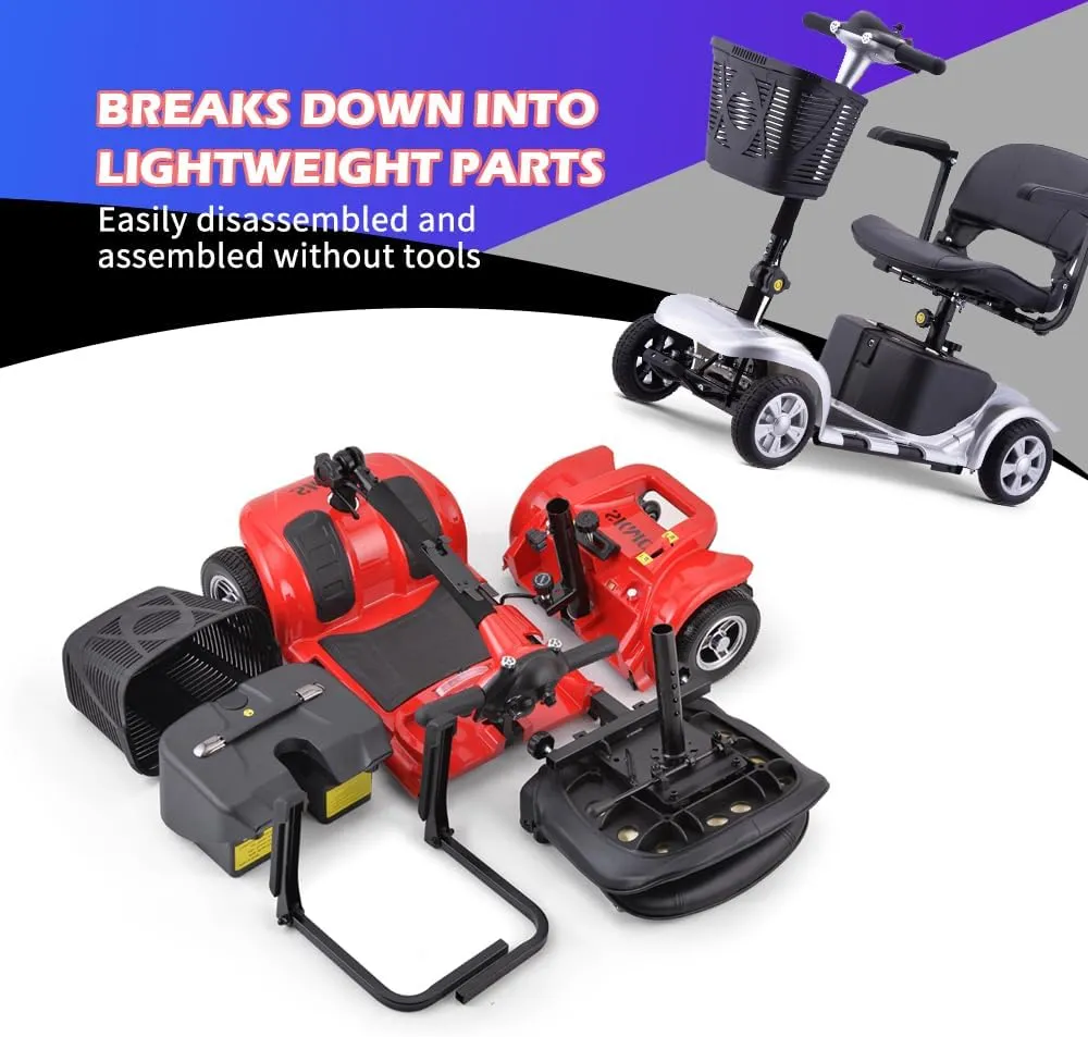 Mobility Scooter for Adults, Senior, Skmc 4 Wheels Electric Powered Chargeable Device for Travel, Lightweight and Portable, with LED Headlights and Basket, Charger Included, Red/Blue (Silver/Black)