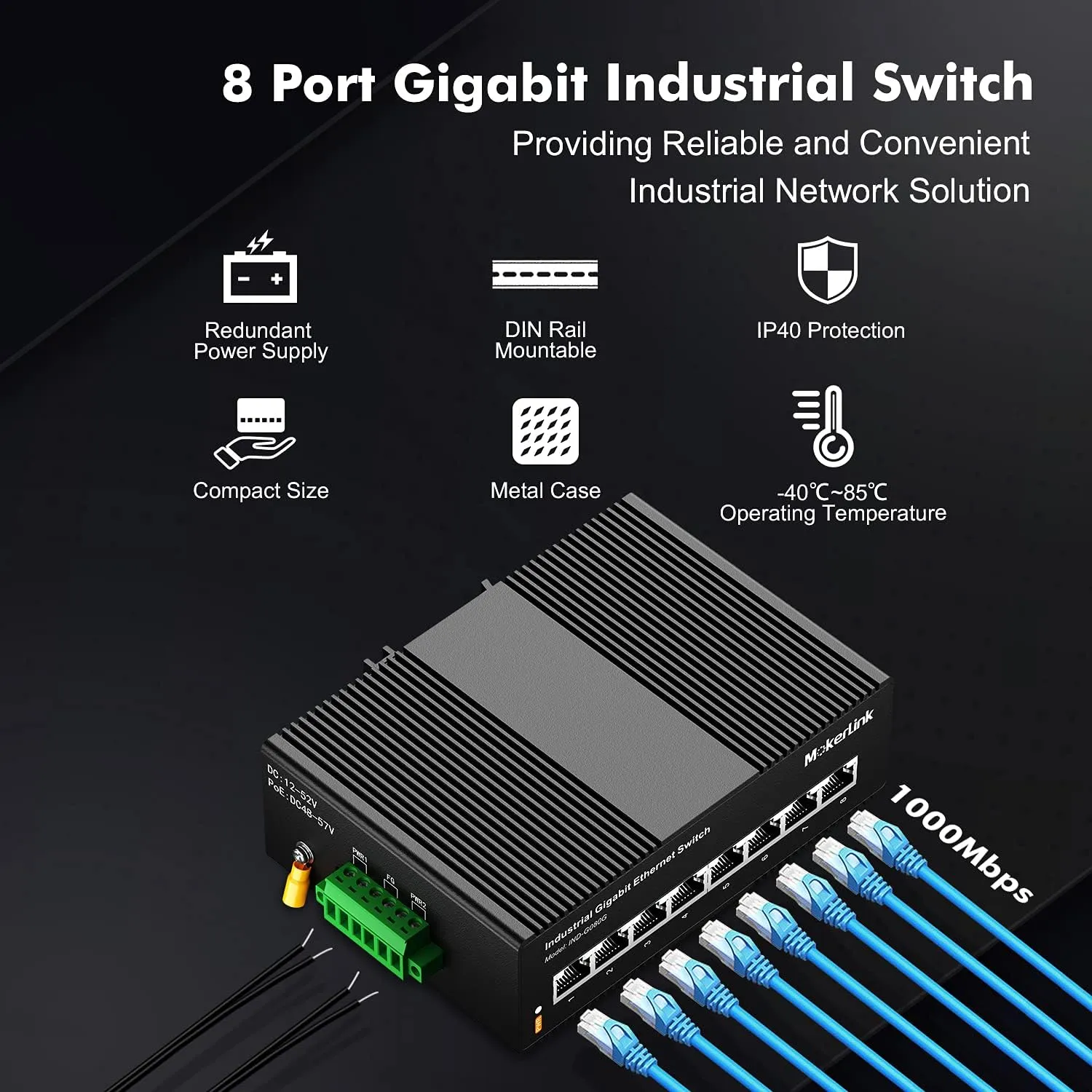 MokerLink 8 Port Gigabit Industrial DIN-Rail Ethernet Switch, 16Gbps Switching Capacity, IP40 Rated Network Switch (-40 to 185°F), with UL Power Supply