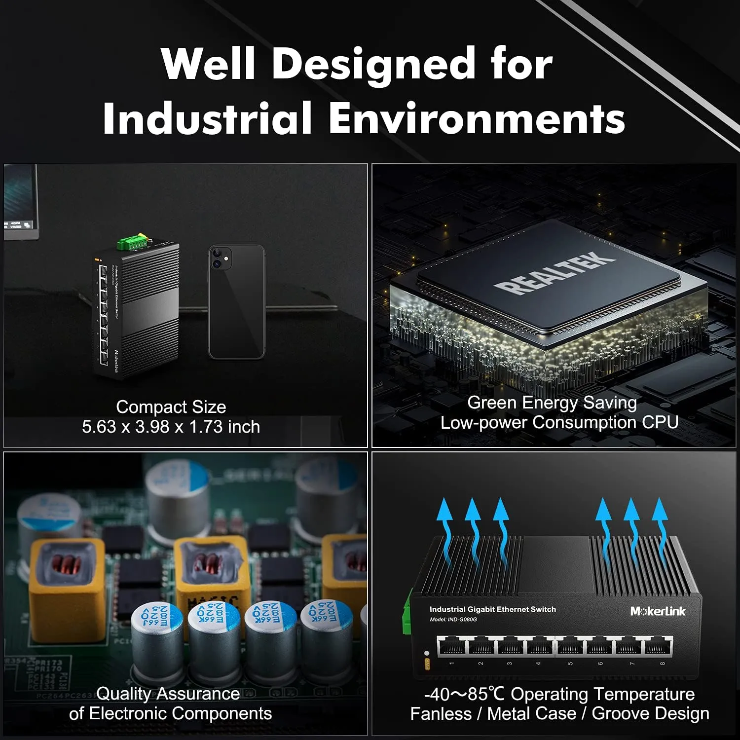 MokerLink 8 Port Gigabit Industrial DIN-Rail Ethernet Switch, 16Gbps Switching Capacity, IP40 Rated Network Switch (-40 to 185°F), with UL Power Supply