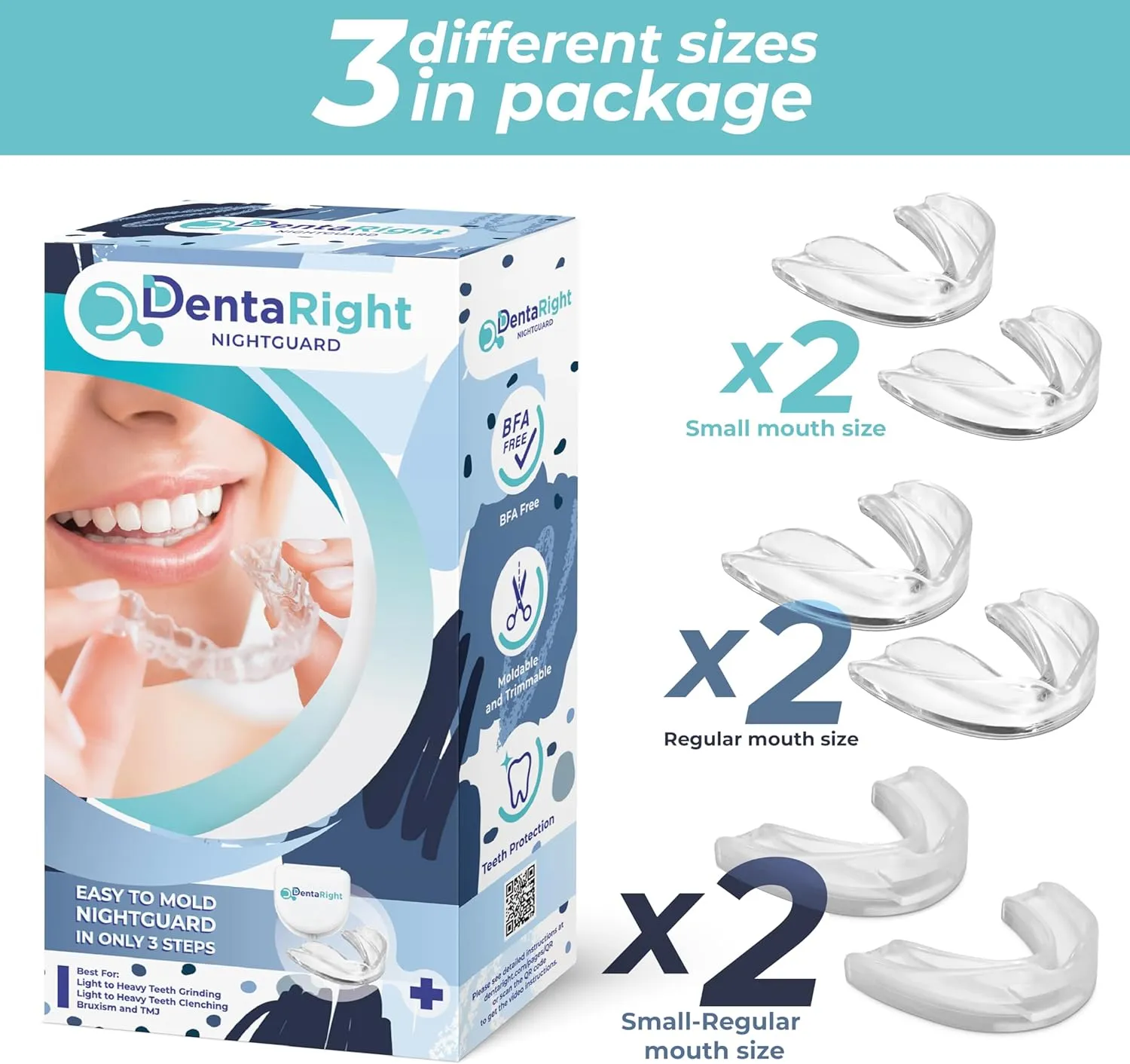 Moldable Mouthguard for Bruxism & Teeth Grinding – 6 Custom Fit Night Guards in 3 Sizes for Adults, Teens & Kids Made of Premium Dental-Grade Material