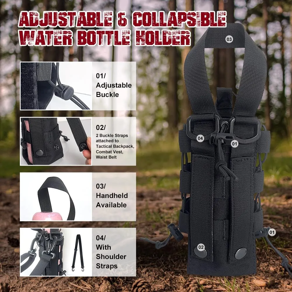 Molle Water Bottle Holder for Bottles 40 Oz - Water Bottle Carrier with Adjustable Tactical Pouch for Backpack Strap, Bag, Belt Clip/Loop - Collapsible Water Bottle Holster