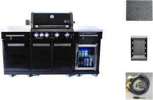 Mont Alpi MA-957FC-COMBO 5-Burner 63000 BTU Black Stainless Steel Outdoor Kitchen Bar Island Grill with Compact Refrigerator   Natural Gas Conversion Kit   Dual Sided Griddle Plate   Charcoal Tray