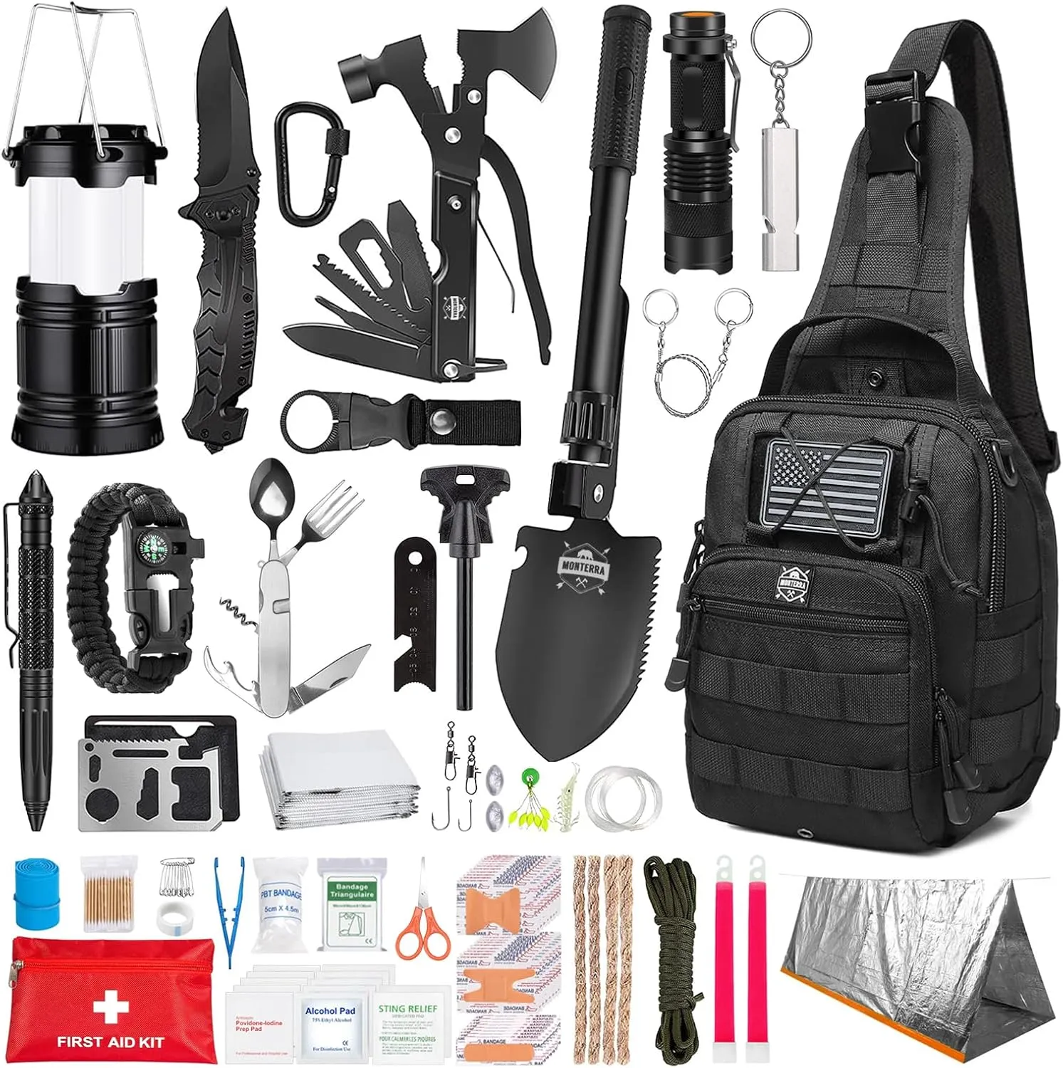 Monterra Survival Kit, 265 Pcs, Emergency Gear and Supplies, First Aid, Bug Out Go Bag, EDC, Molle System Backpack, Hiking, Camping, Outdoor Accessories, Hunting Gifts for Men.