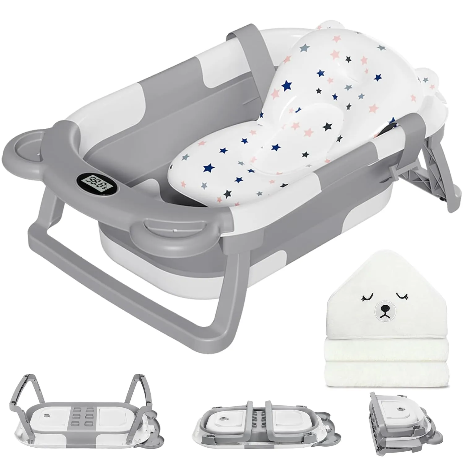 MoreFeel Collapsible Baby Bathtub for Newborn with Thermometer & 1 Hooded Towel & 1 Soft Floating Cushion,Portable Travel Bathtub with Drain Hole, Durable Foldable Baby Tubs for Infants to Toddler