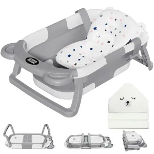 MoreFeel Collapsible Baby Bathtub for Newborn with Thermometer & 1 Hooded Towel & 1 Soft Floating Cushion,Portable Travel Bathtub with Drain Hole, Durable Foldable Baby Tubs for Infants to Toddler