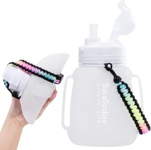 Motivational Collapsible Water Bottle with Straw and Paracord Handle 1.2L 40 OZ Reusable Silicone Sports Water Jug with Time Marker Leakproof Large Water Bottles for Yoga Outdoors