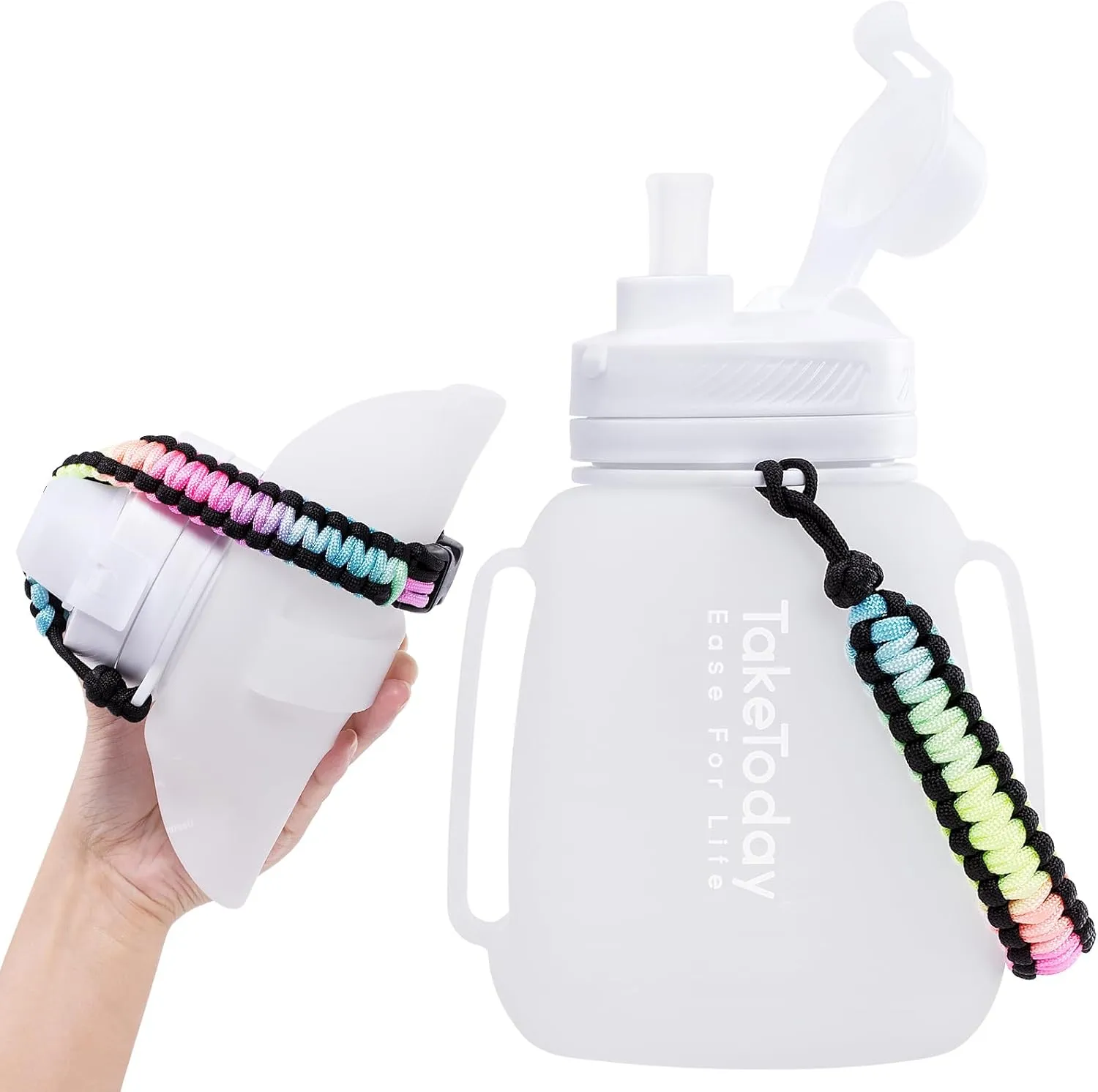 Motivational Collapsible Water Bottle with Straw and Paracord Handle 1.2L 40 OZ Reusable Silicone Sports Water Jug with Time Marker Leakproof Large Water Bottles for Yoga Outdoors