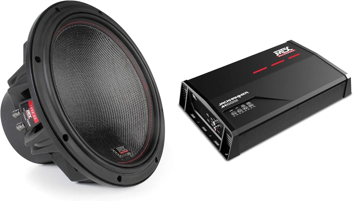 MTX 7512-22 75-Series 12" 750W RMS Dual 2-Ohm Subwoofer, and MTX JH10001 Jackhammer Series 1100W x 1 @ 1-Ohm Class D Mono Block Amplifier