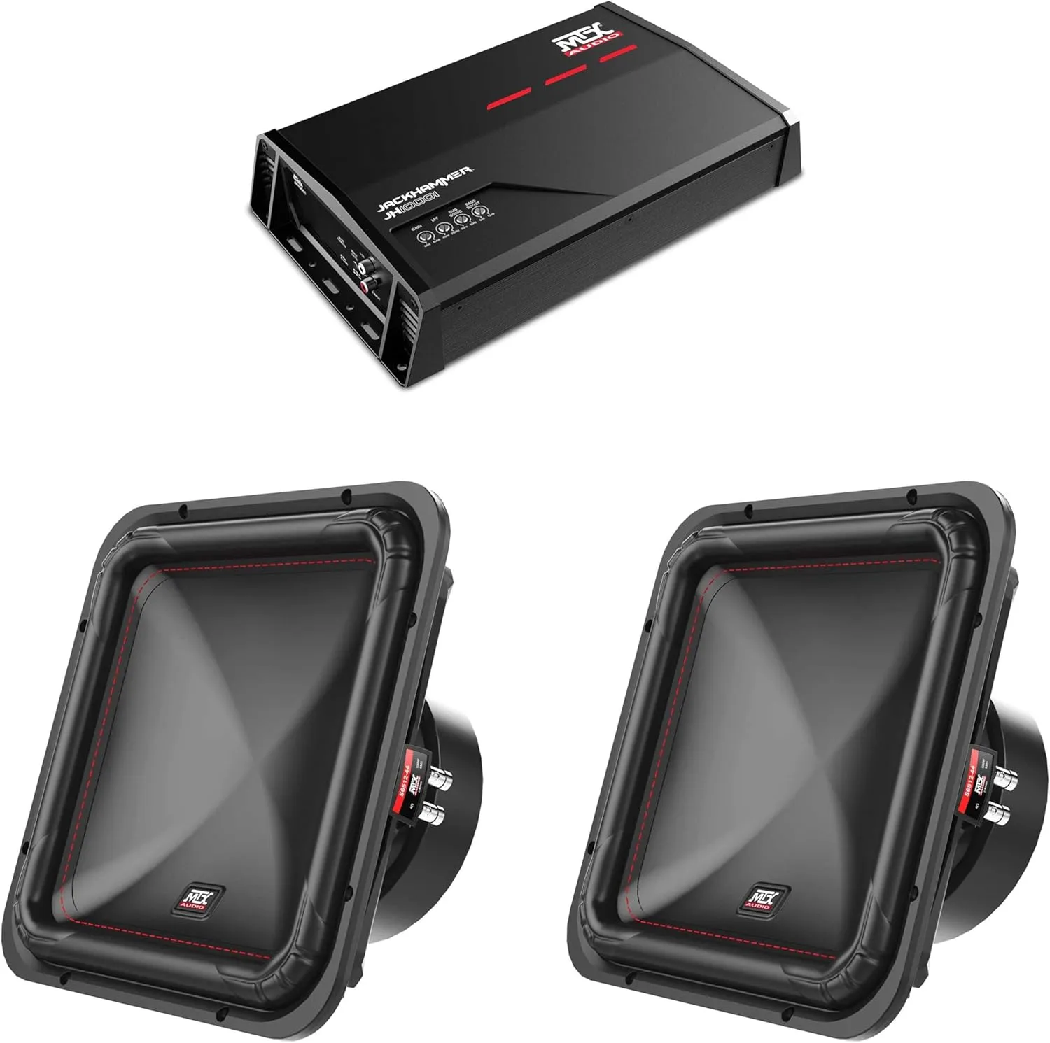 MTX S6512-44 S65-Series Square 12" 500W RMS Dual 4-Ohm Subwoofer (2), and MTX JH10001 Jackhammer Series 1100W x 1 @ 1-Ohm Class D Mono Block Amplifier