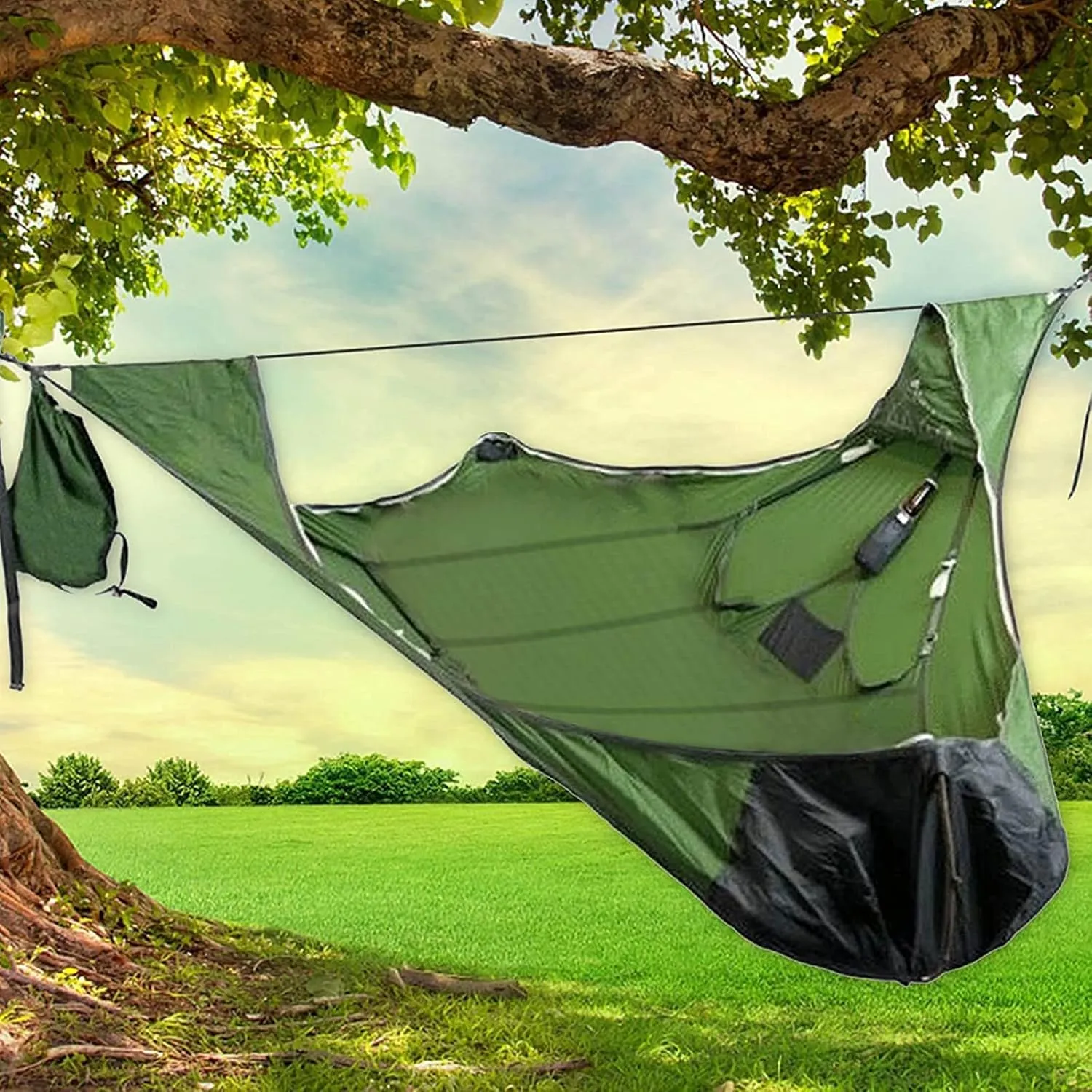 Multiplayer Triangle Hammock - Outdoor Camping Anti-Tear 3 Point Portable Hammock with Carrying Bag, Ropes, and Bug Net (Blue)