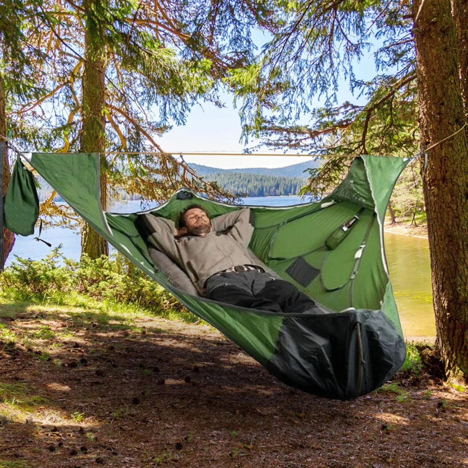 Multiplayer Triangle Hammock - Outdoor Camping Anti-Tear 3 Point Portable Hammock with Carrying Bag, Ropes, and Bug Net (Blue)