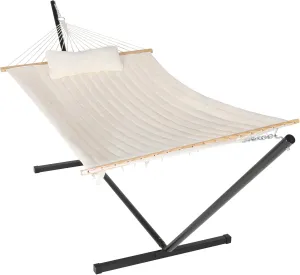 MUPATER 12FT Double Hammock with Stand Included, 2 Person Outdoor Quilted Hammock with Stand, Rope with Pad and Pillow, hamacas para adultos, White