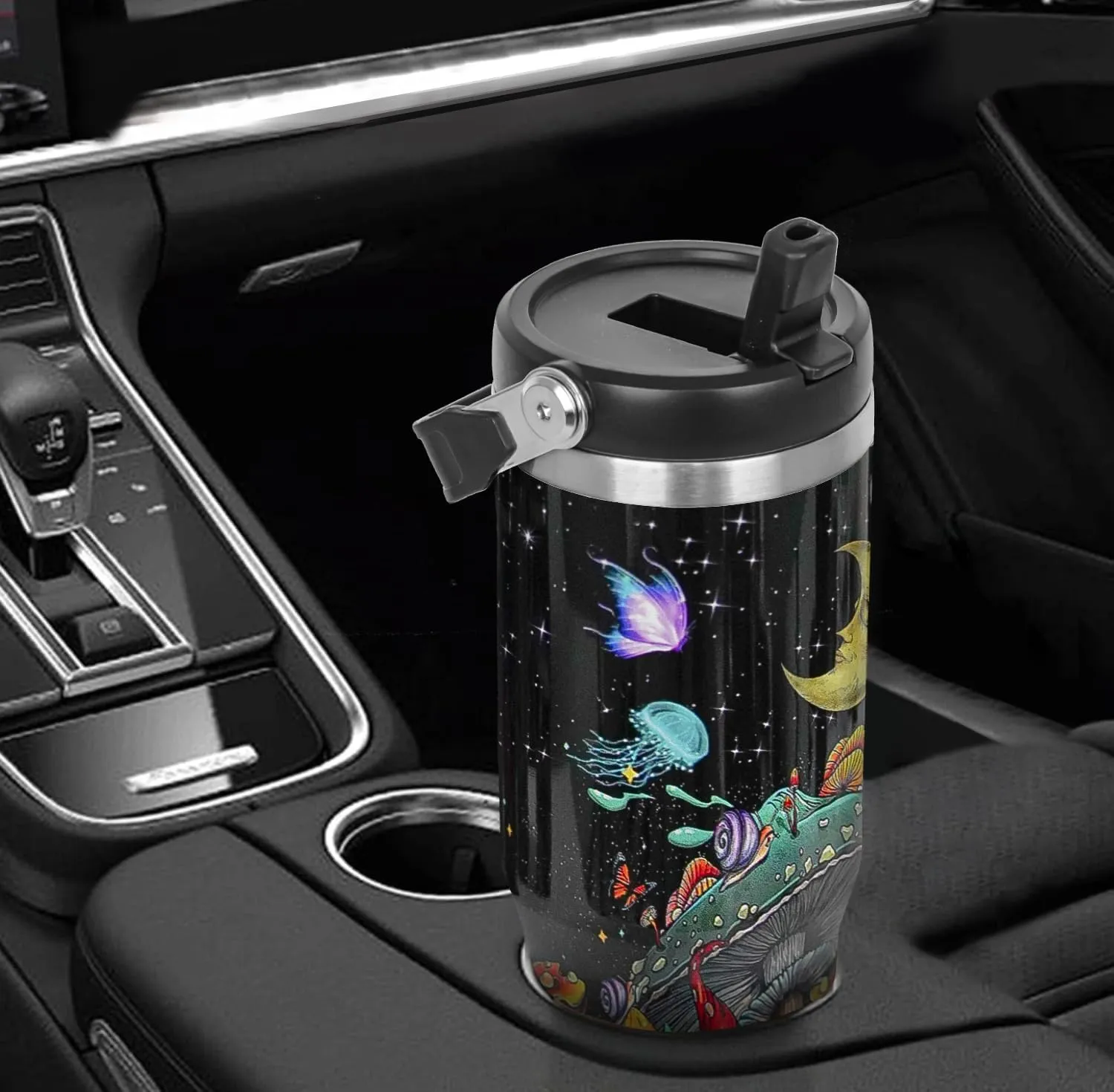 Mushroom Tumbler with Handle & Flip Straw Moon Mushroom Gifts Coffee Travel Mug Insulated Water Bottle Cup Gothic Halloween Decor Gifts-30 OZ(1PCS)