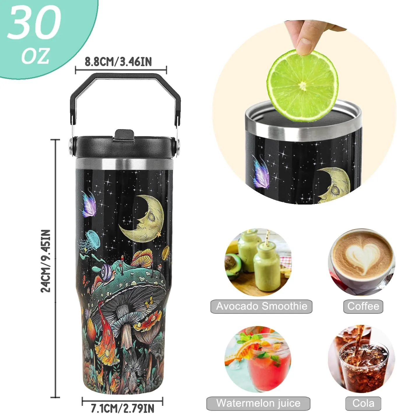 Mushroom Tumbler with Handle & Flip Straw Moon Mushroom Gifts Coffee Travel Mug Insulated Water Bottle Cup Gothic Halloween Decor Gifts-30 OZ(1PCS)