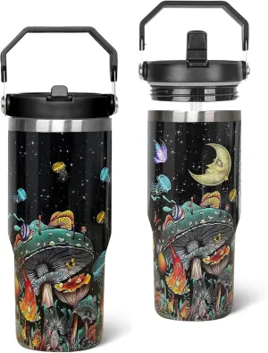 Mushroom Tumbler with Handle & Flip Straw Moon Mushroom Gifts Coffee Travel Mug Insulated Water Bottle Cup Gothic Halloween Decor Gifts-30 OZ(1PCS)