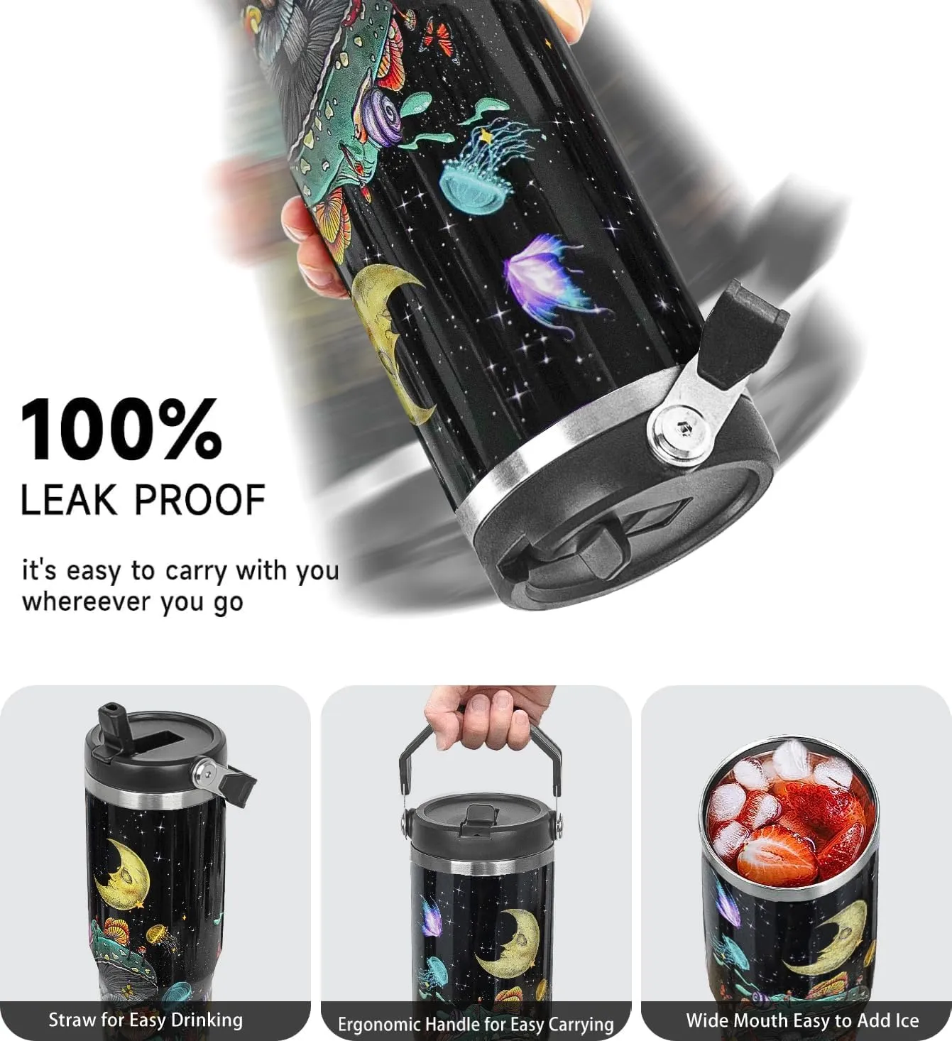 Mushroom Tumbler with Handle & Flip Straw Moon Mushroom Gifts Coffee Travel Mug Insulated Water Bottle Cup Gothic Halloween Decor Gifts-30 OZ(1PCS)