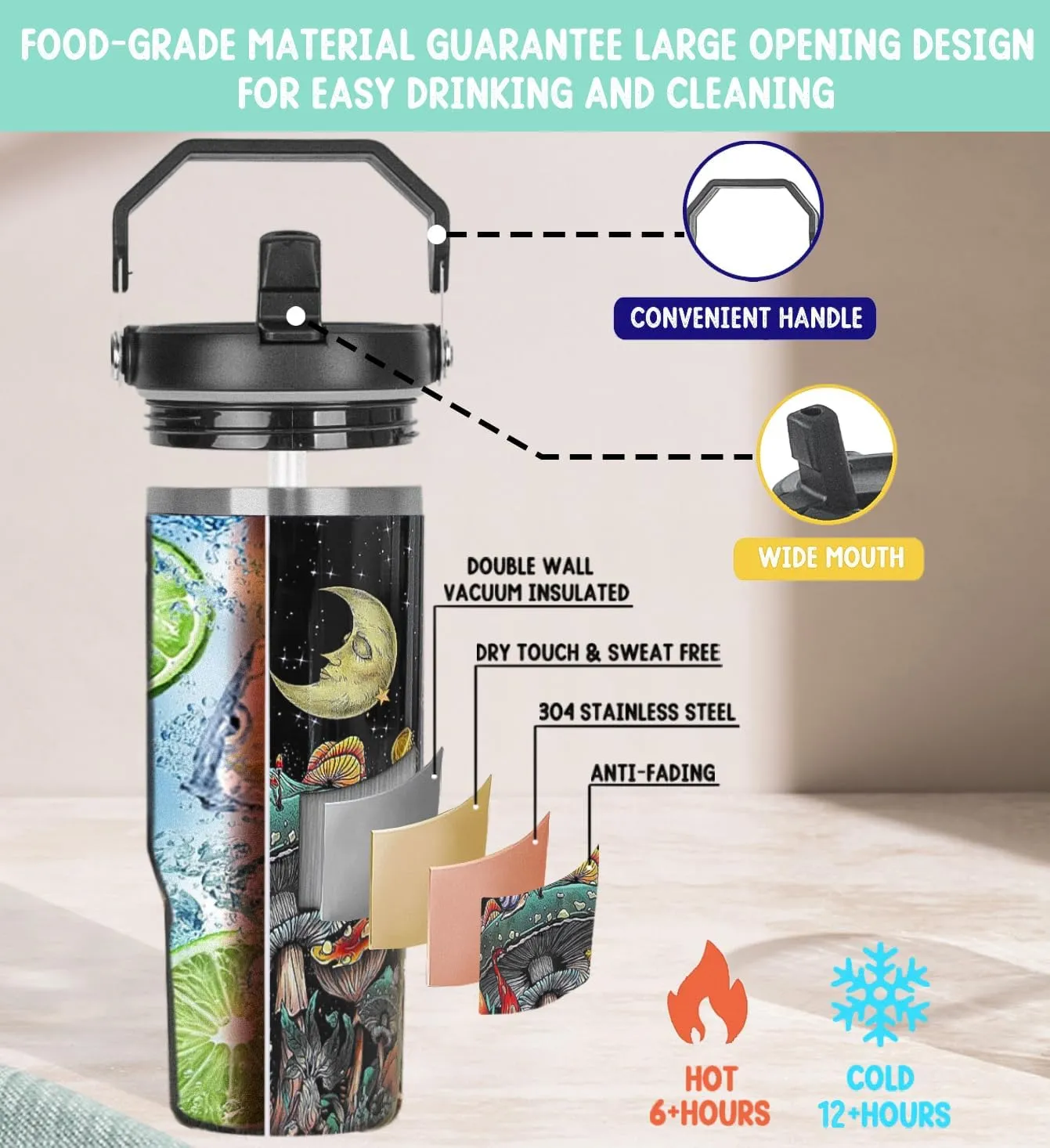 Mushroom Tumbler with Handle & Flip Straw Moon Mushroom Gifts Coffee Travel Mug Insulated Water Bottle Cup Gothic Halloween Decor Gifts-30 OZ(1PCS)