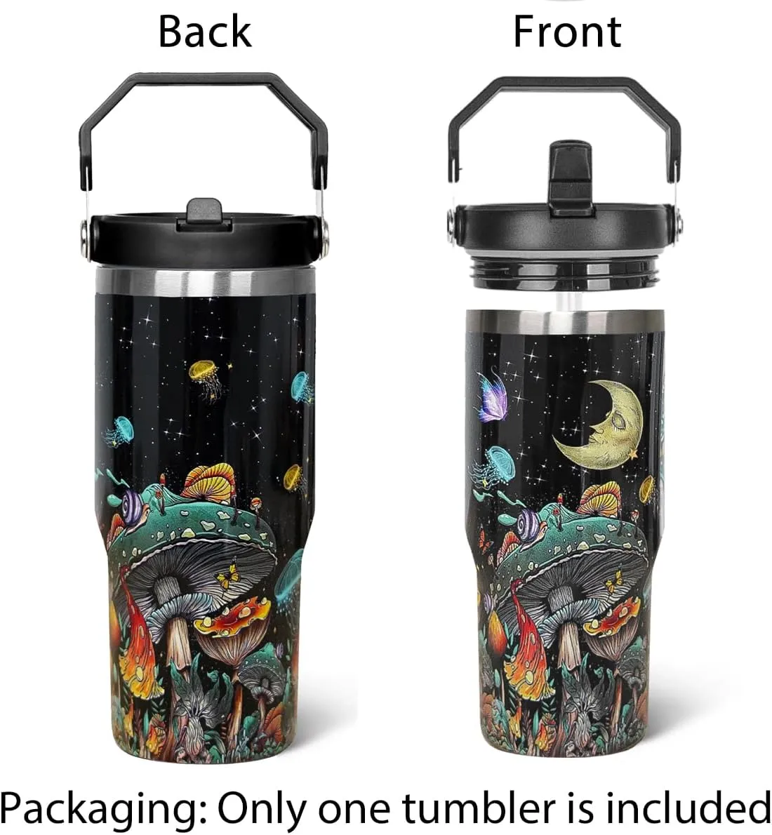 Mushroom Tumbler with Handle & Flip Straw Moon Mushroom Gifts Coffee Travel Mug Insulated Water Bottle Cup Gothic Halloween Decor Gifts-30 OZ(1PCS)