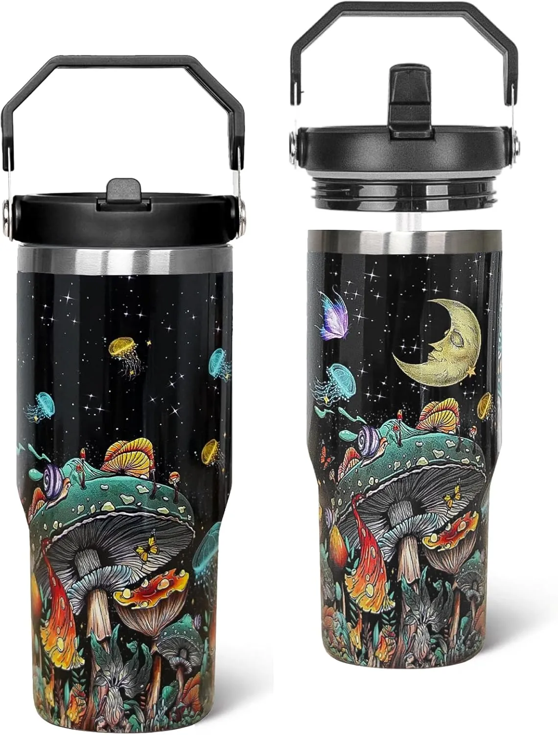 Mushroom Tumbler with Handle & Flip Straw Moon Mushroom Gifts Coffee Travel Mug Insulated Water Bottle Cup Gothic Halloween Decor Gifts-30 OZ(1PCS)