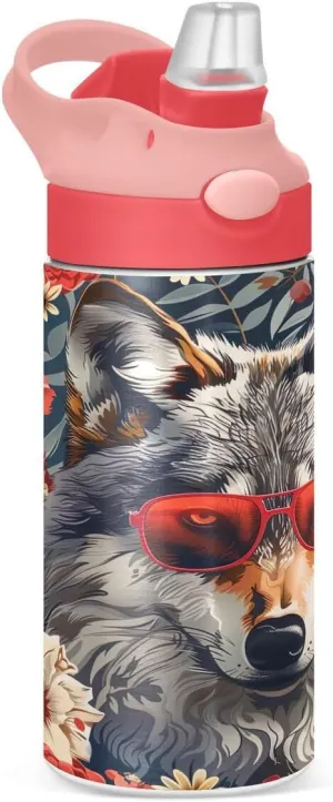 Nander Gray Wolf Insulated Kids Water Bottle 12oz,Double Wall Vacuum Stainless Steel Wide Mouth Sports Drinks Flask,Leak Proof BPA Free Travel Thermo Mug for Outdoor School