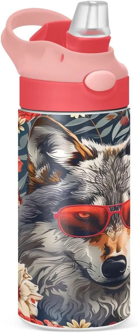 Nander Gray Wolf Insulated Kids Water Bottle 12oz,Double Wall Vacuum Stainless Steel Wide Mouth Sports Drinks Flask,Leak Proof BPA Free Travel Thermo Mug for Outdoor School