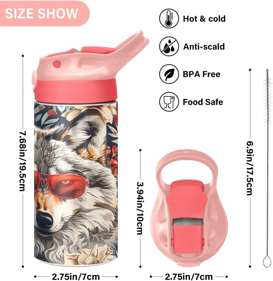 Nander Gray Wolf Insulated Kids Water Bottle 12oz,Double Wall Vacuum Stainless Steel Wide Mouth Sports Drinks Flask,Leak Proof BPA Free Travel Thermo Mug for Outdoor School